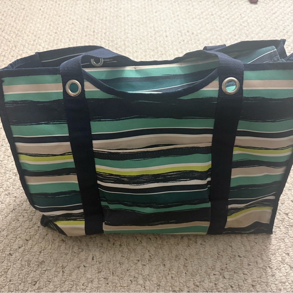 Thirty-One Striped Tote - Navy and Green